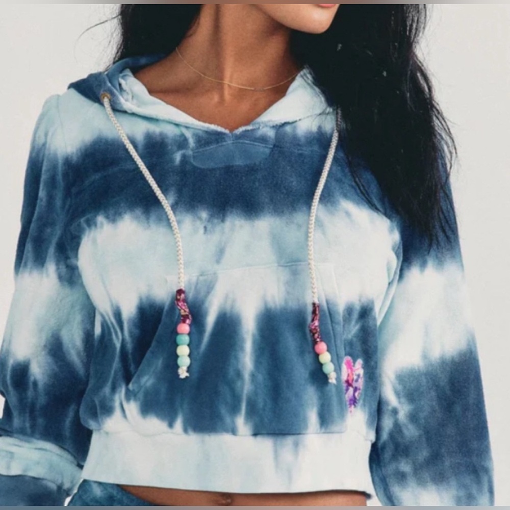 LoveShackFancy Tie-Dye Print V-Neck Crop Top Hoodie Size M